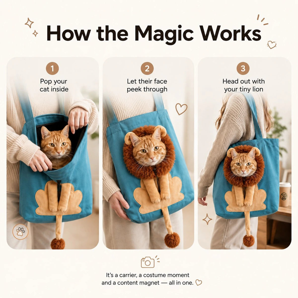 How the lion mane cat carrier tote works in three steps