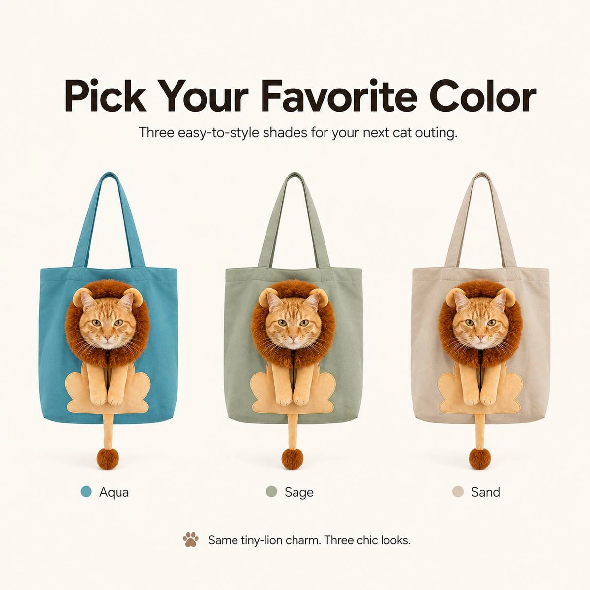 Three color options for lion mane cat carrier tote