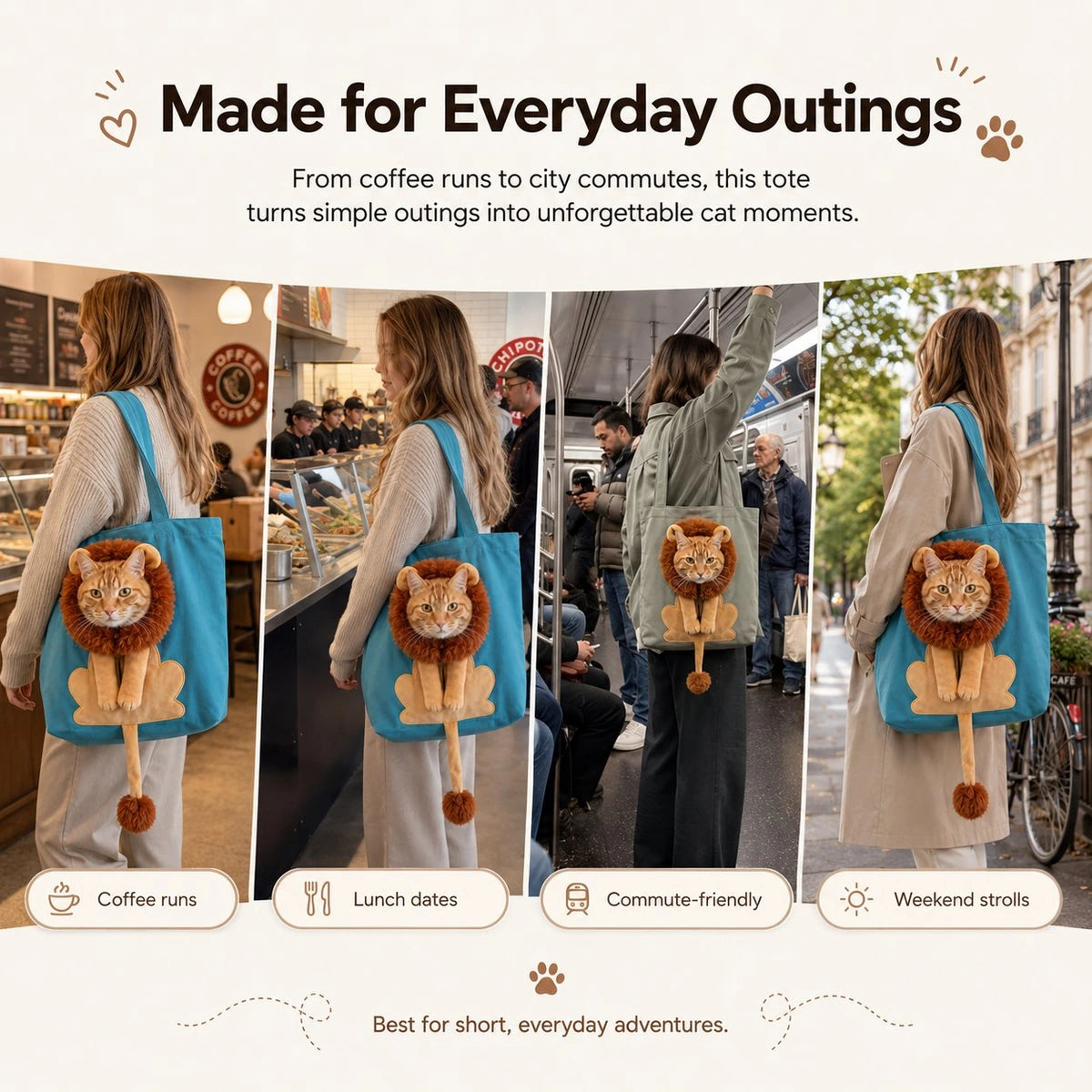 Lifestyle scenes showing lion mane cat carrier tote during everyday outings