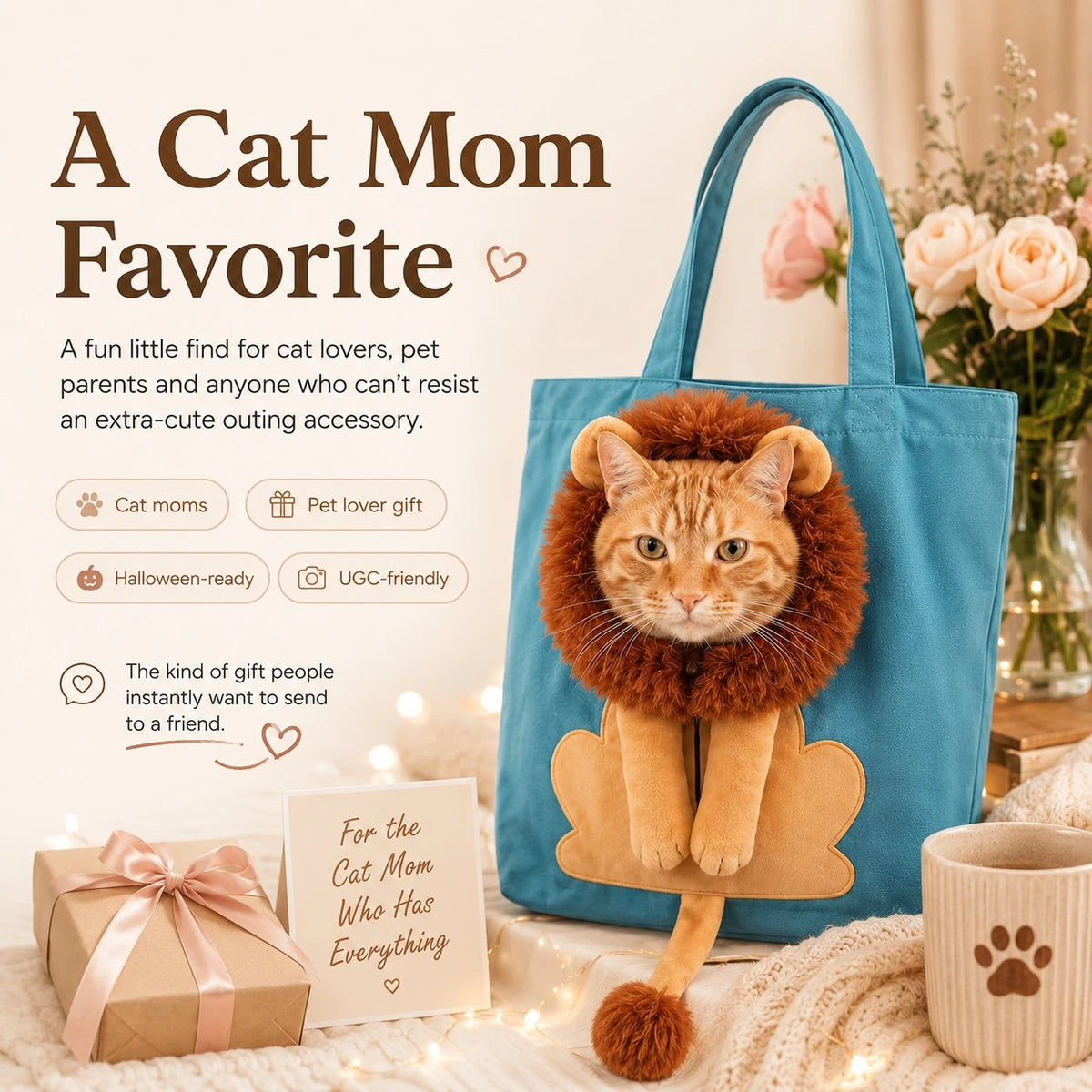 Lion mane cat carrier tote gift scene for cat moms