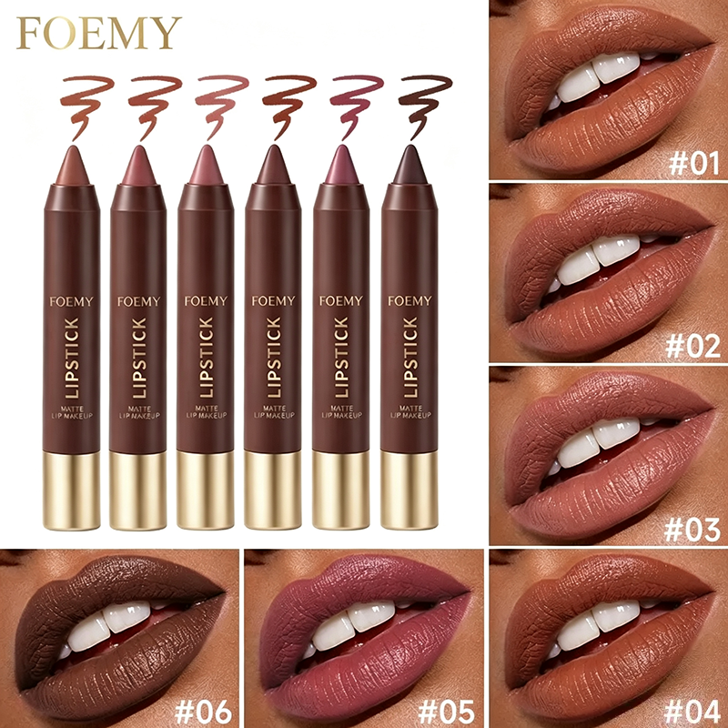 Brown lipstick swatches on a deeper skin tone