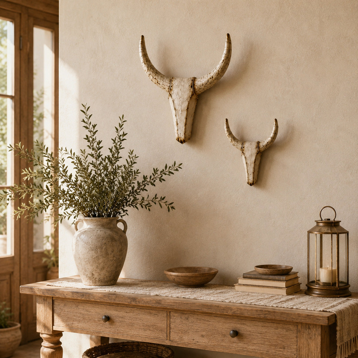Large and small vintage distressed longhorn wall sculptures in a bright rustic entryway