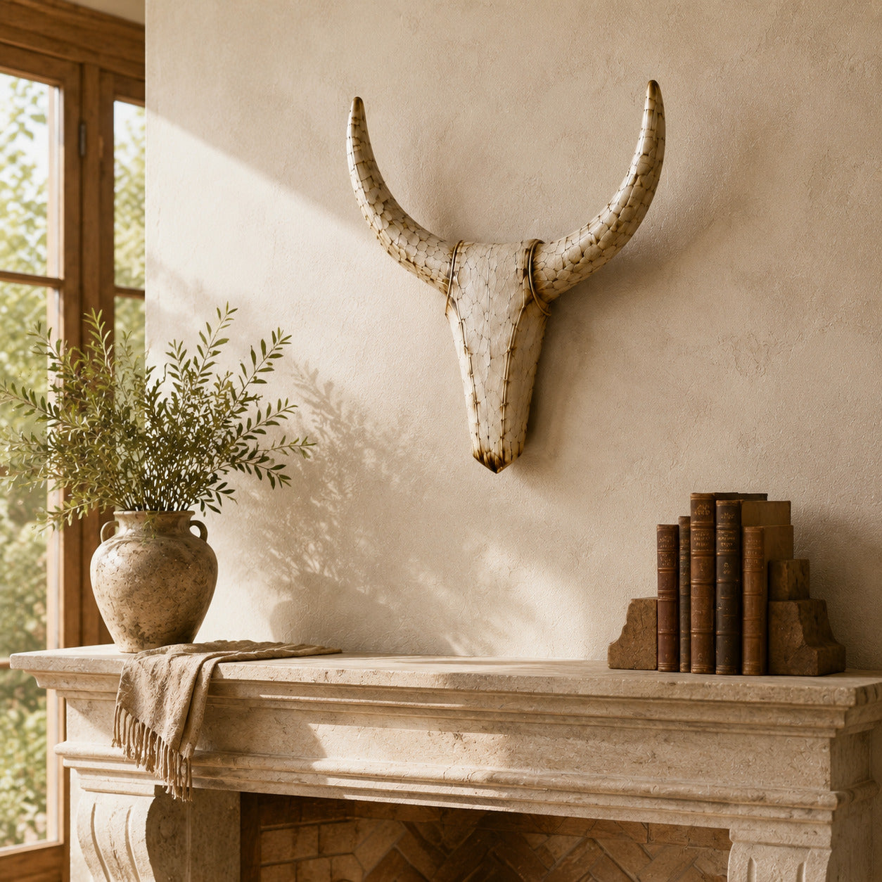 Large vintage longhorn wall sculpture displayed above a bright stone fireplace