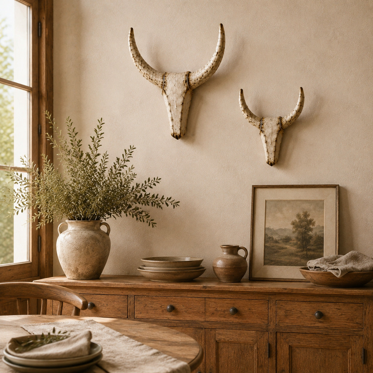 Two coordinating longhorn wall sculptures above a warm oak sideboard