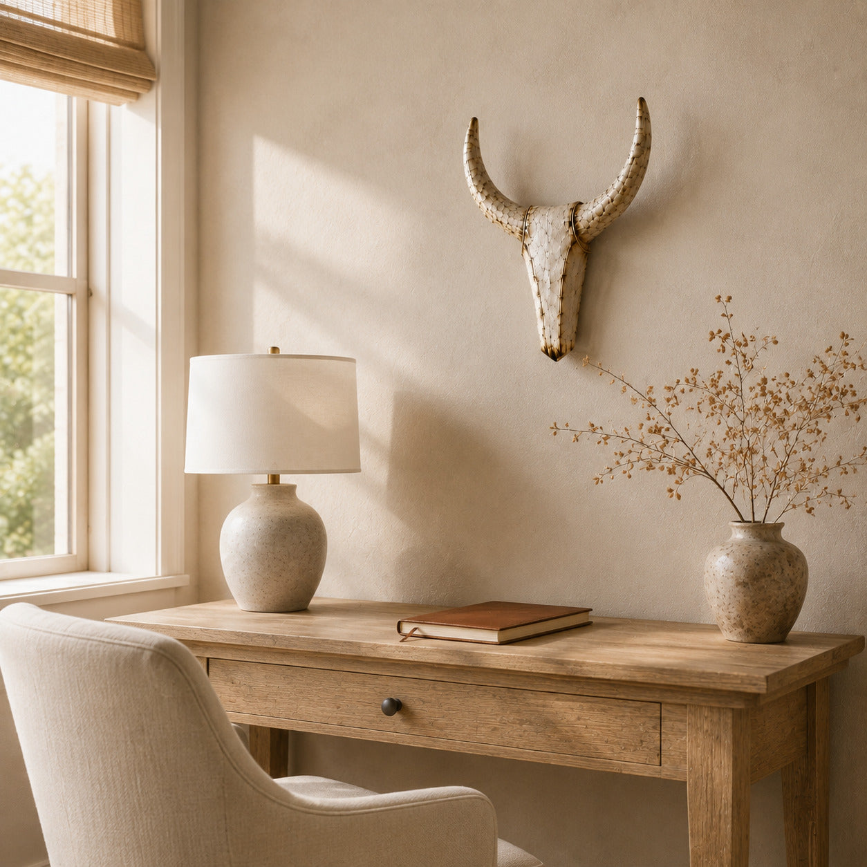 Small distressed longhorn wall sculpture in a bright neutral home office