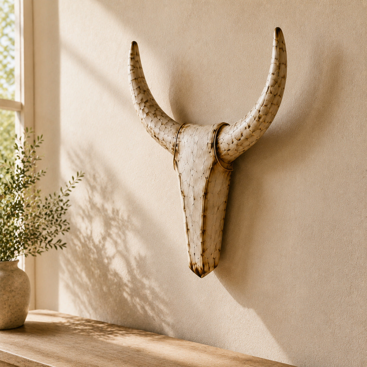 Angled view showing the shallow sculptural depth of the longhorn wall decor