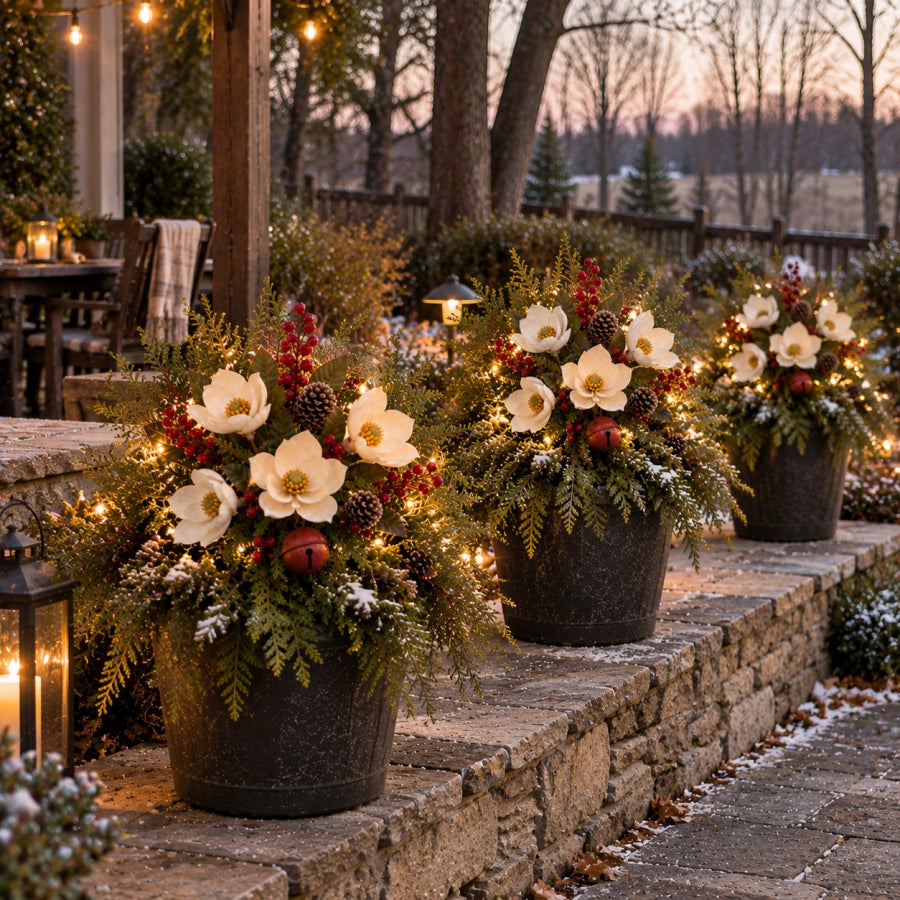 Vintage Magnolia Christmas Planter Pick beside a bench and lanterns