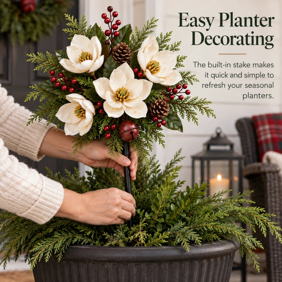 Vintage Magnolia Christmas Planter Pick being placed into a planter