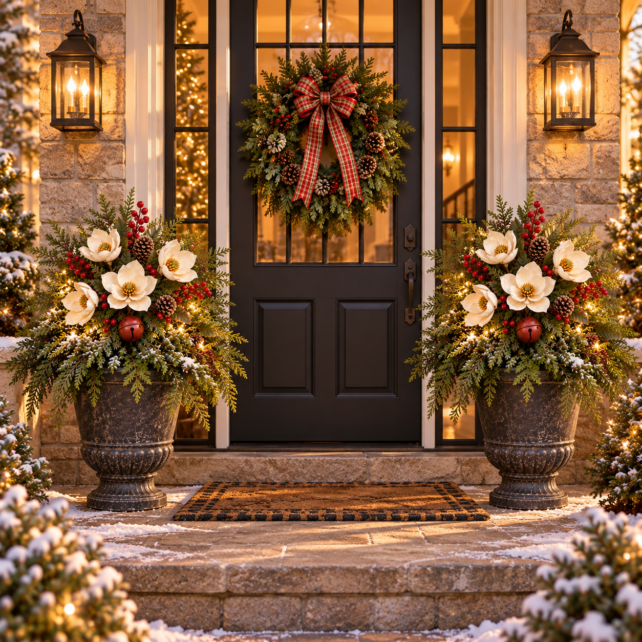 Vintage Magnolia Christmas Planter Pick styled at a front door