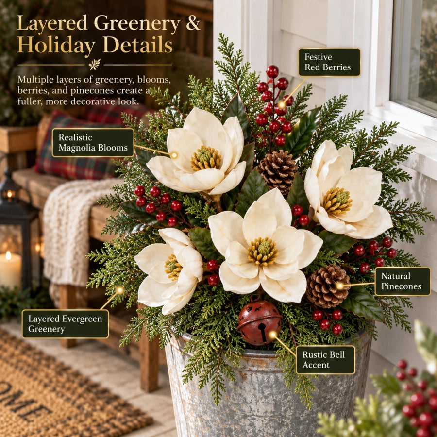 Close-up of Vintage Magnolia Christmas Planter Pick details
