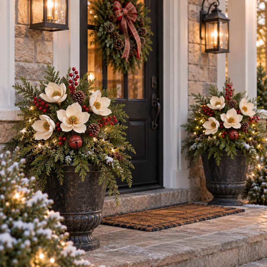 A pair of Vintage Magnolia Christmas Planter Picks on a porch