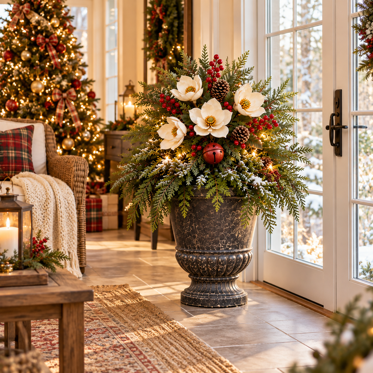 Customer styling the Vintage Magnolia Christmas Planter Pick outdoors
