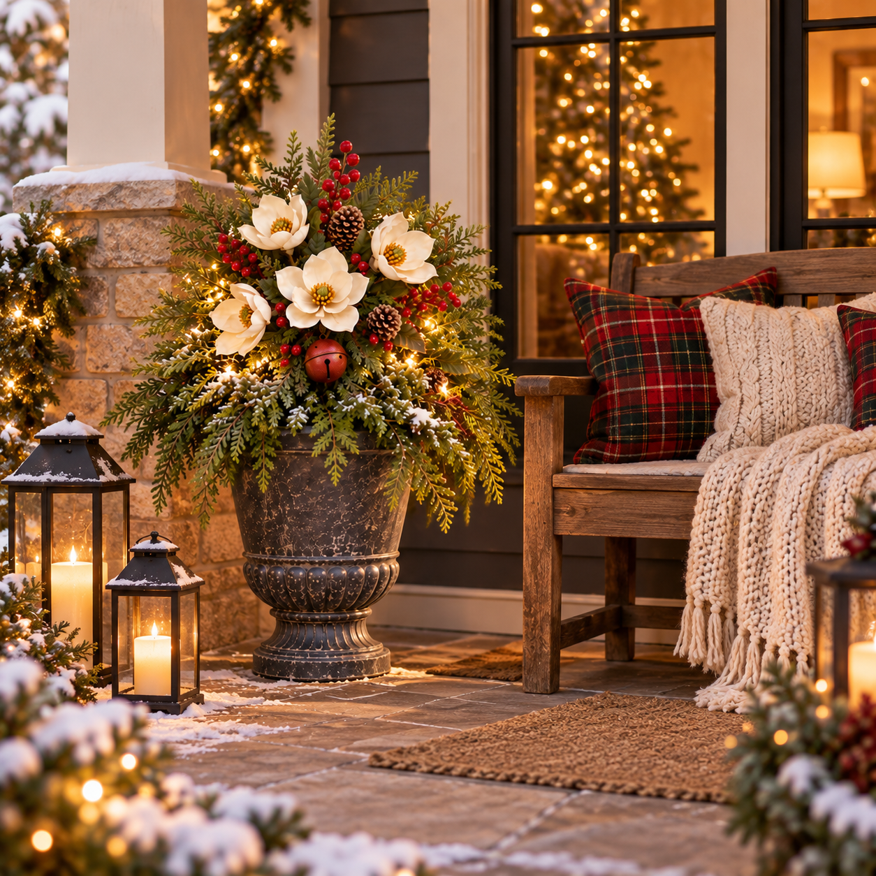 Vintage Magnolia Christmas Planter Pick styled in an indoor entry