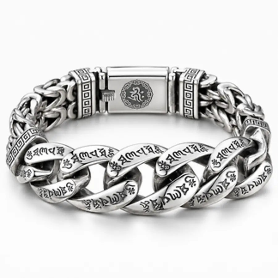 Front view showing engraved links and circular centre emblem