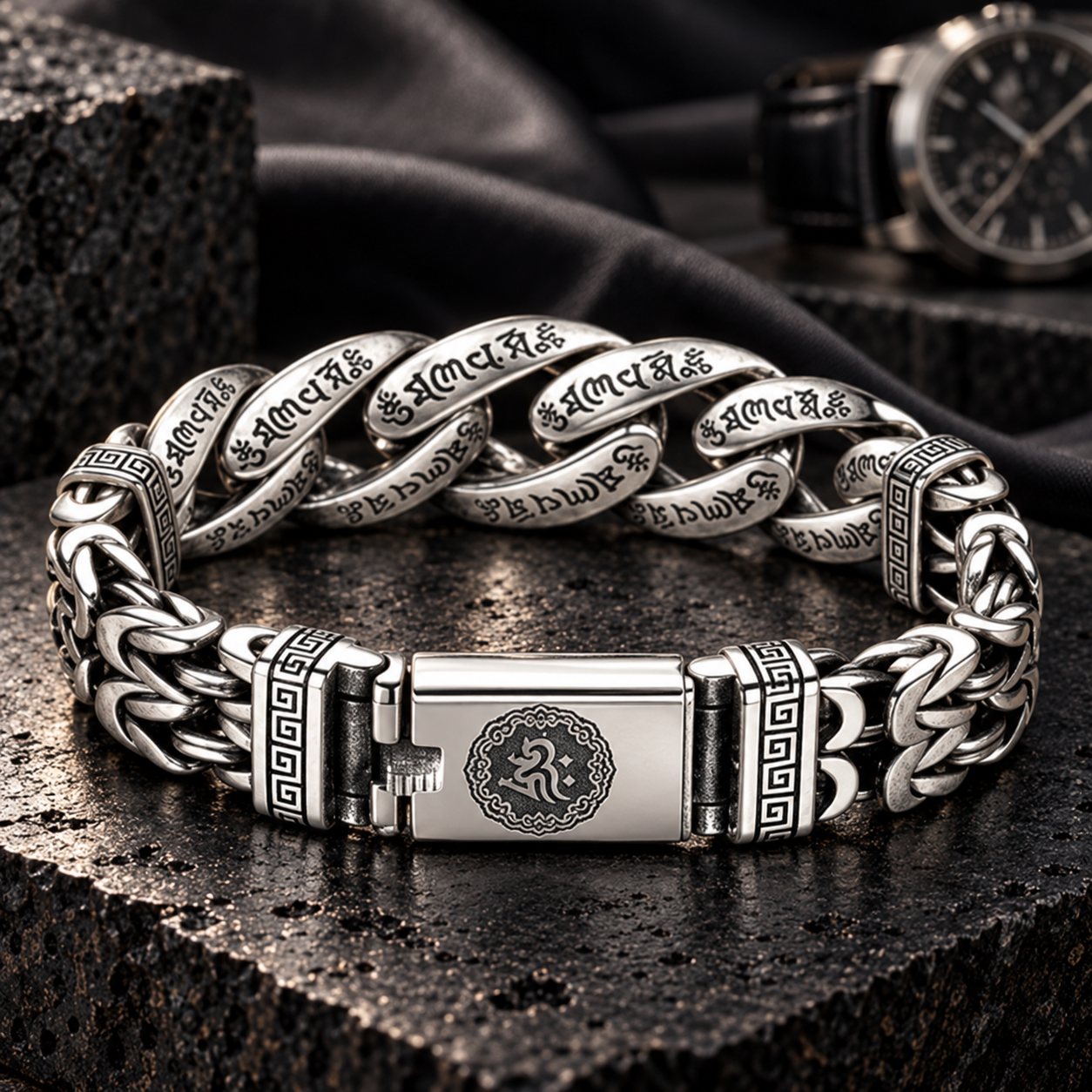 Antiqued chain bracelet displayed on dark stone