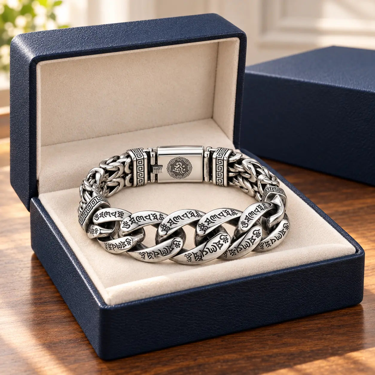 Engraved silver-tone men's chain bracelet presented in a navy gift box