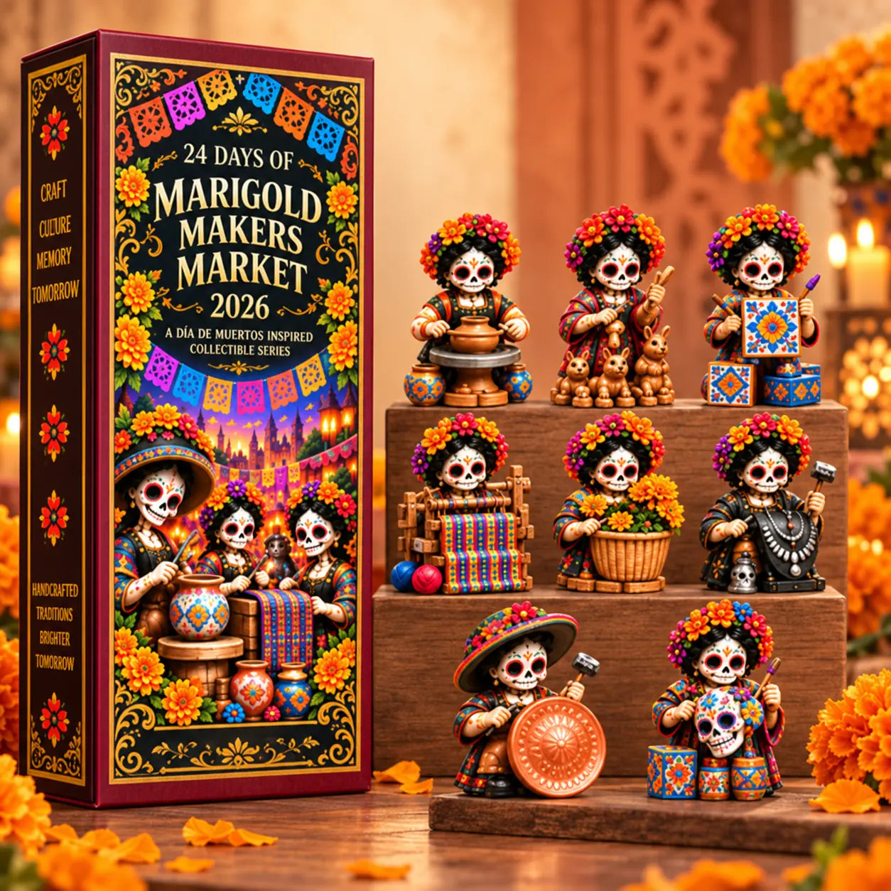 Marigold Makers Market 2026 countdown box with craft-inspired collectible figures