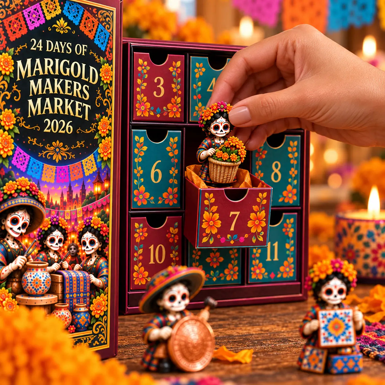 Opening a numbered drawer to reveal a Marigold Makers collectible
