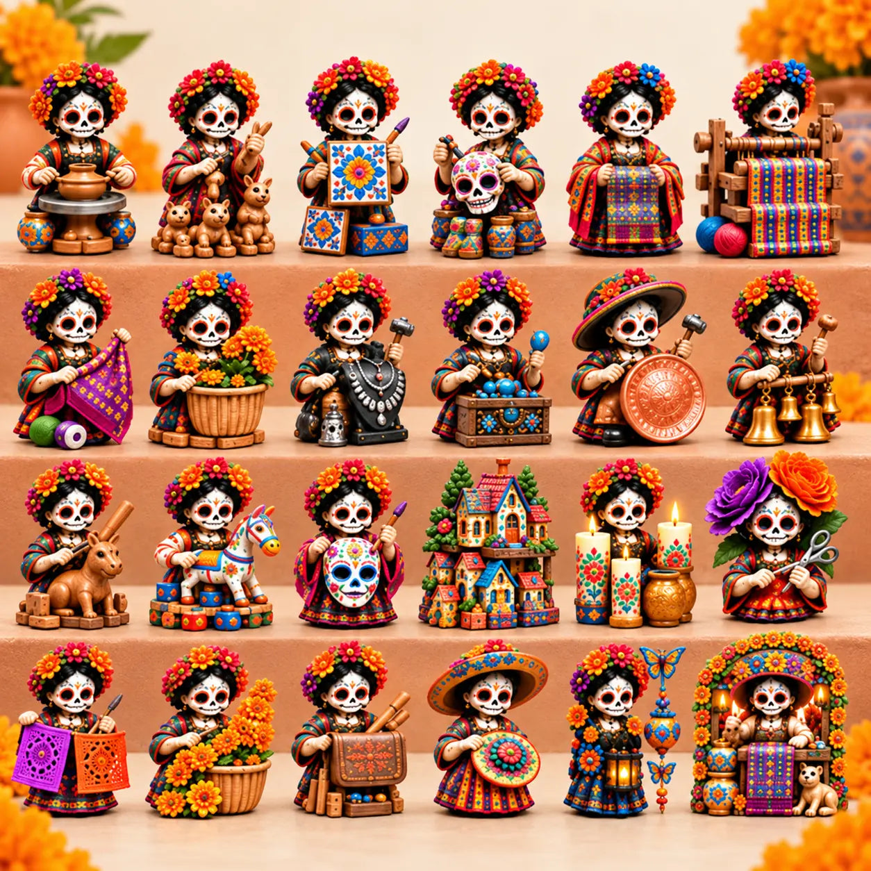Twenty-four Día de Muertos inspired maker and craft collectible figures