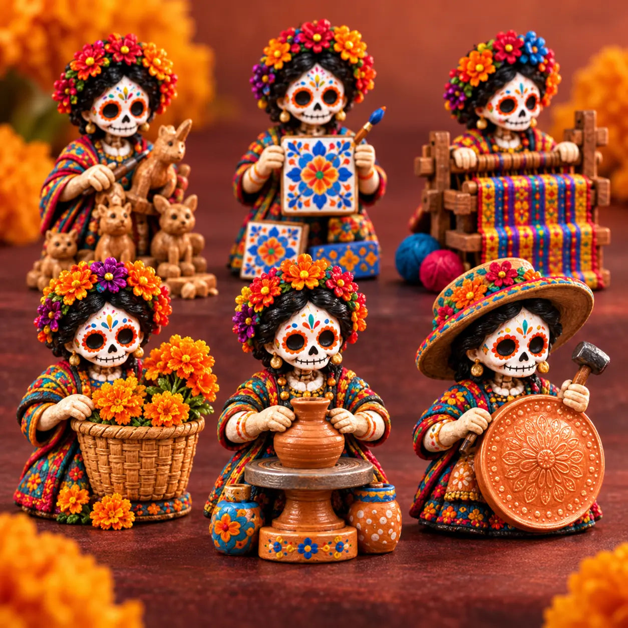Close-up of colorful Marigold Makers craft figure details
