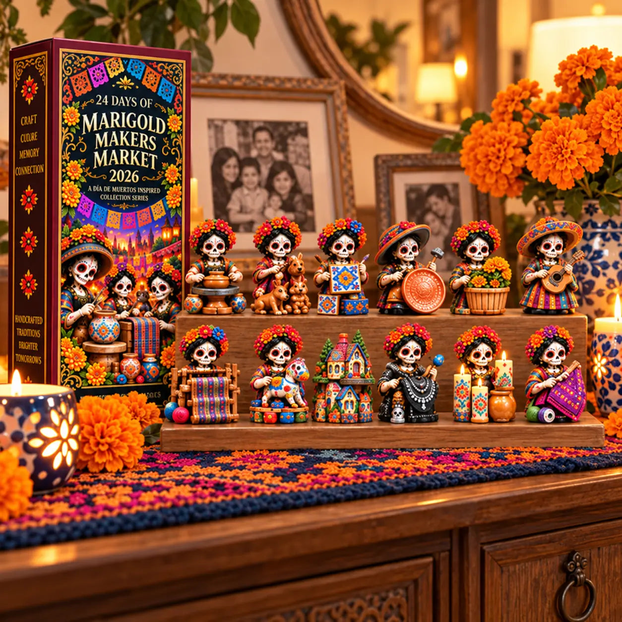 Marigold Makers collectible figures displayed with family photographs and flowers