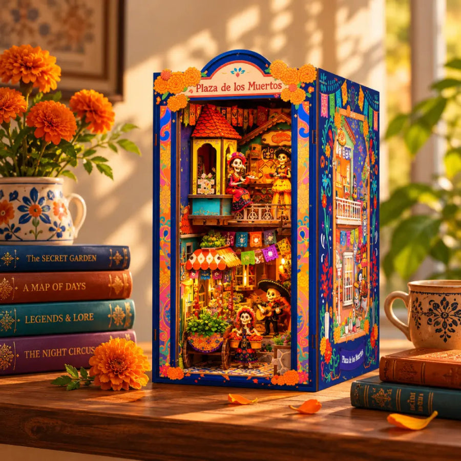 The Marigold Plaza finished DIY miniature book nook with colorful storefronts and LED lights