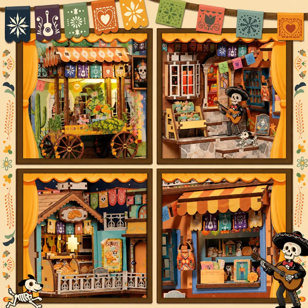 The Marigold Plaza miniature scene detail with colorful plaza storefronts