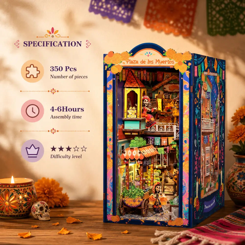 The Marigold Plaza completed book nook display with warm lighting
