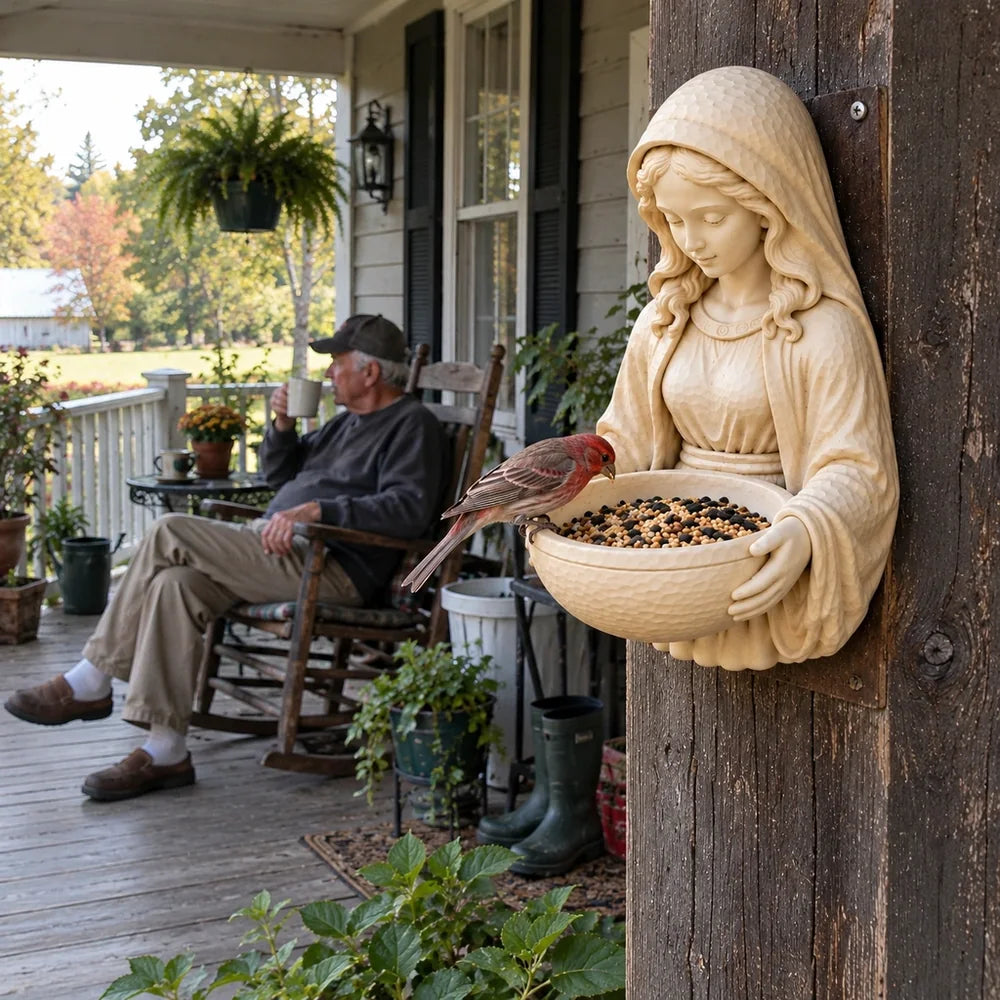 Garden bird feeder mounted on a porch post with an older gentleman seated in a rocking chair