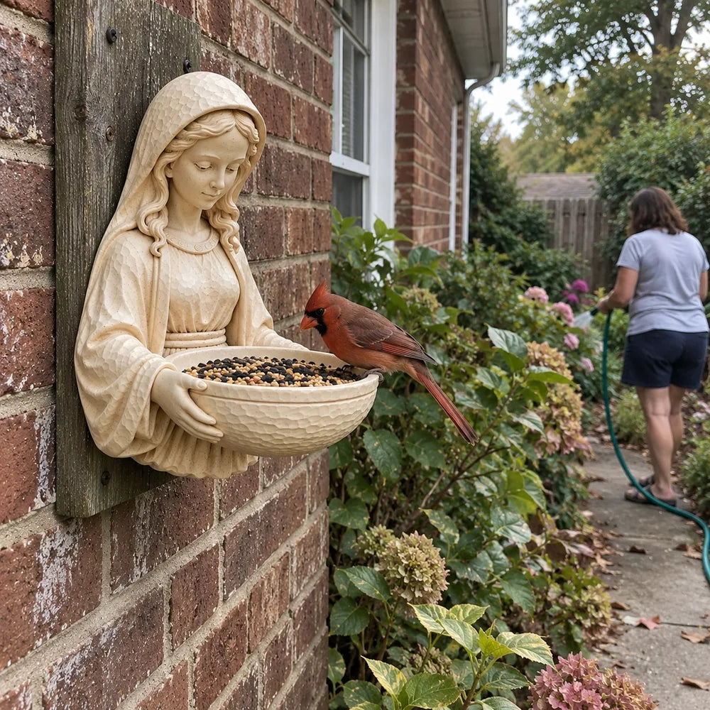 Ivory sculptural bird feeder mounted on rustic brick with a cardinal perched on its seed bowl