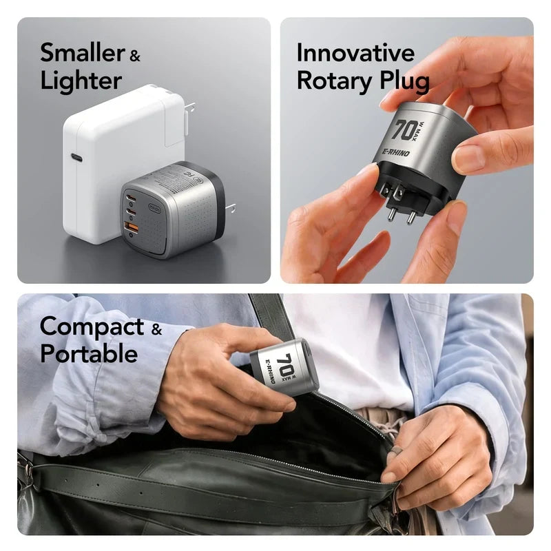 🔋Global Travel Charger (70W, 3-Port, GaN, Integrated Rotary Plug)