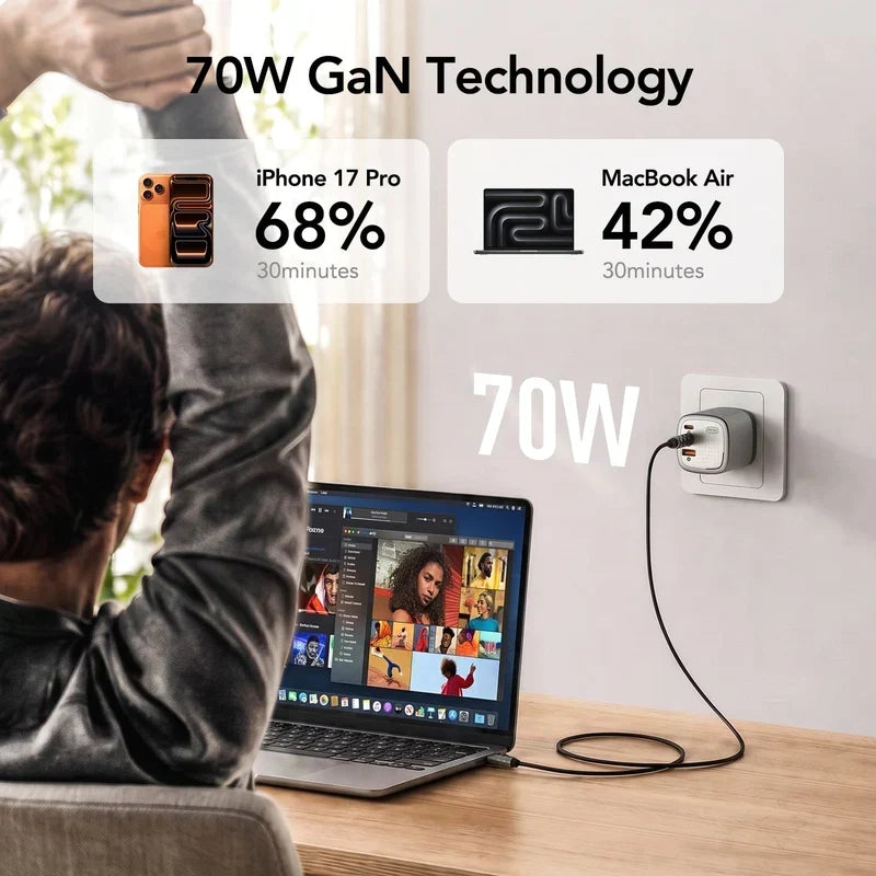 🔋Global Travel Charger (70W, 3-Port, GaN, Integrated Rotary Plug)