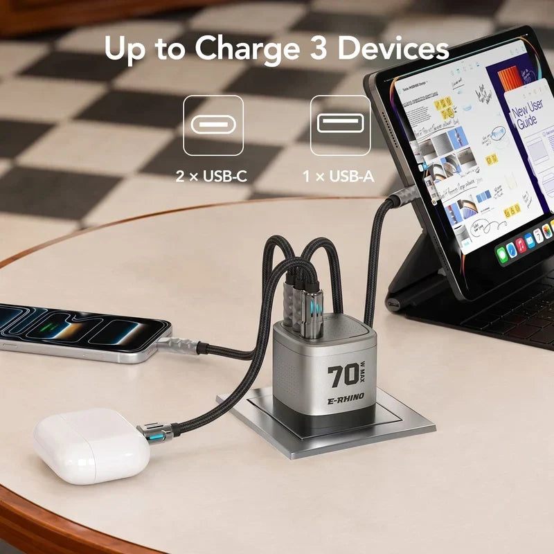 🔋Global Travel Charger (70W, 3-Port, GaN, Integrated Rotary Plug)