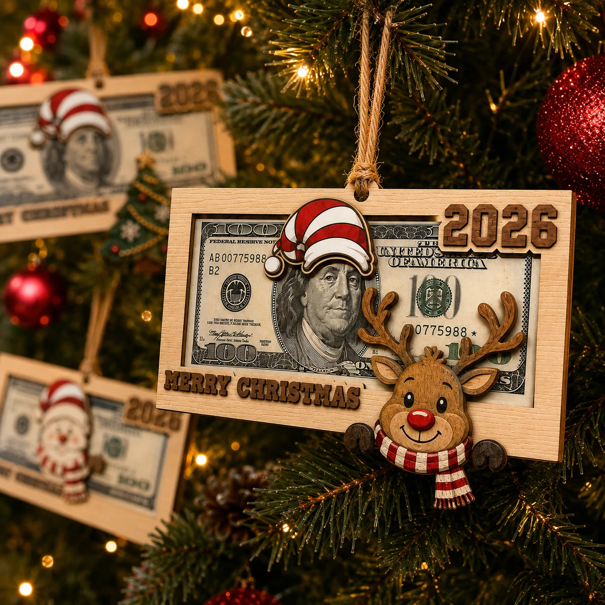 Wooden Christmas money holder ornament hanging on a Christmas tree
