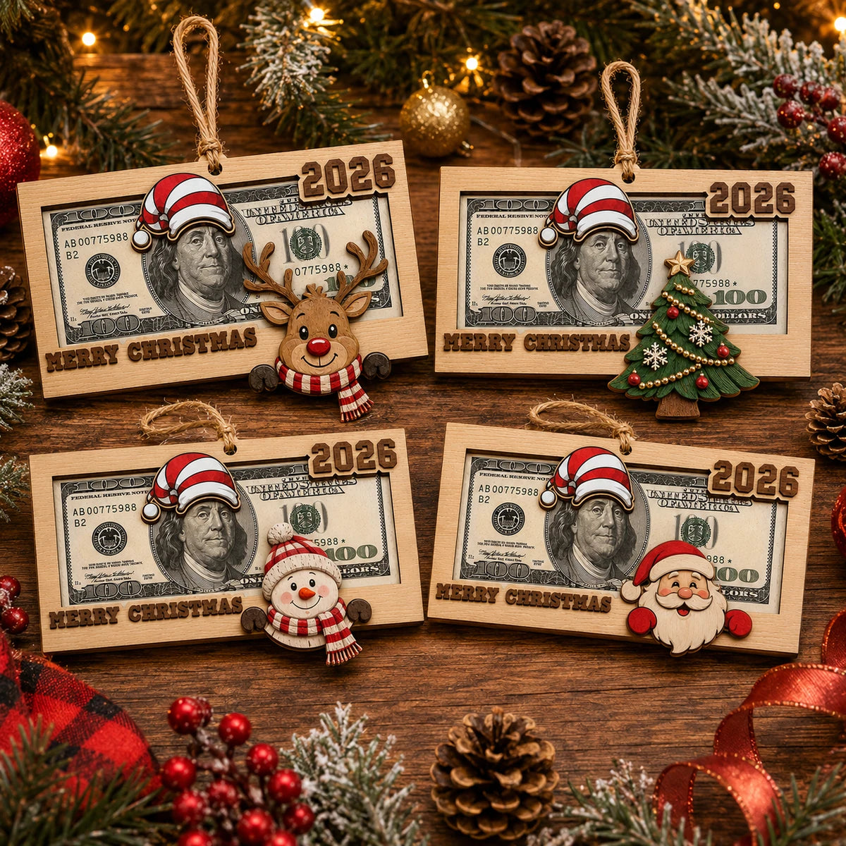 Four wooden Christmas money holder ornament styles