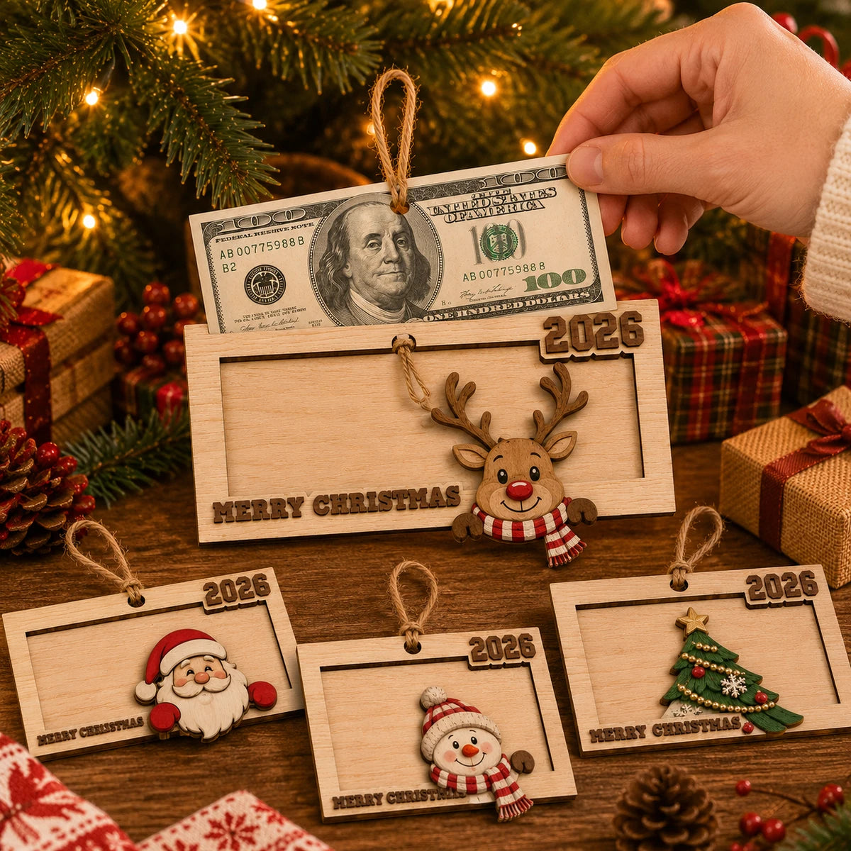 Hand inserting a banknote into wooden Christmas money holder
