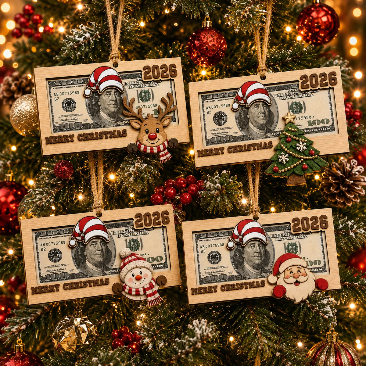 Four Christmas money holder ornaments displayed on a Christmas tree