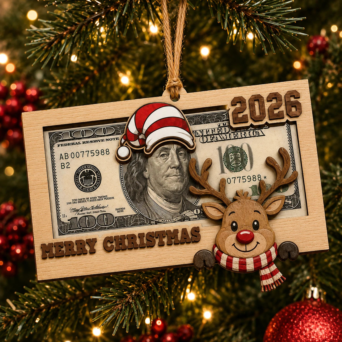 Close-up of wooden reindeer Christmas money holder ornament