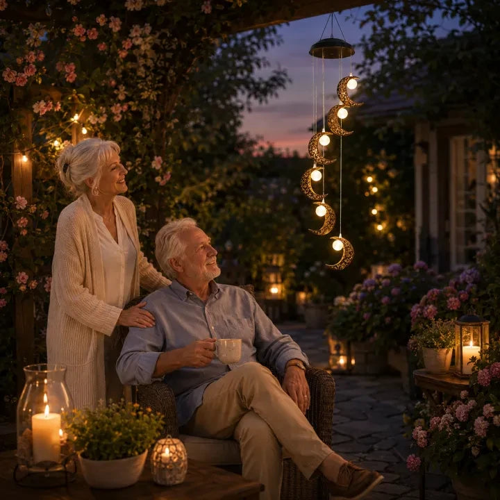 Older couple enjoying the solar moon wind chime at dusk