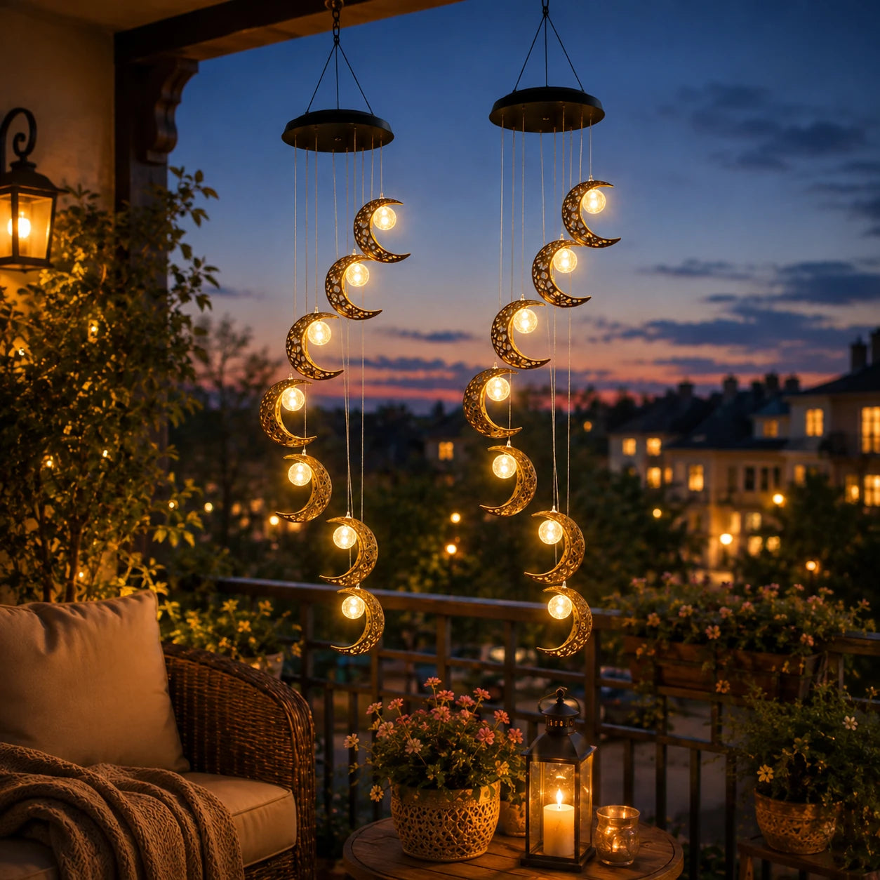 Two solar moon wind chimes displayed together at dusk