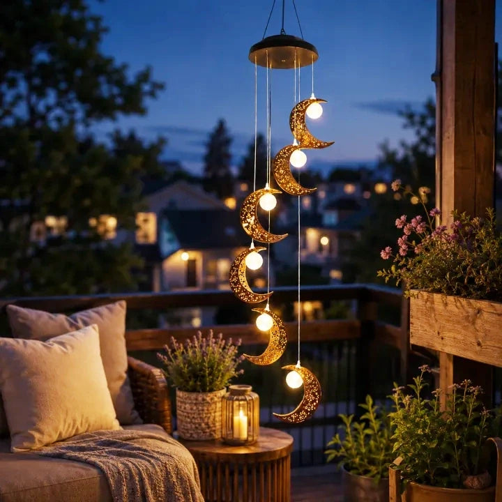 Moonlit Reverie Solar Wind Chime glowing on a cozy porch