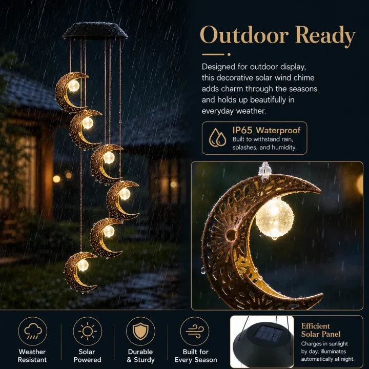Outdoor-ready solar moon wind chime features
