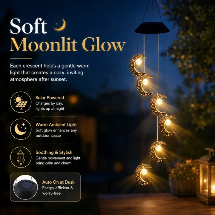 Solar powered moon wind chime with soft warm ambient light