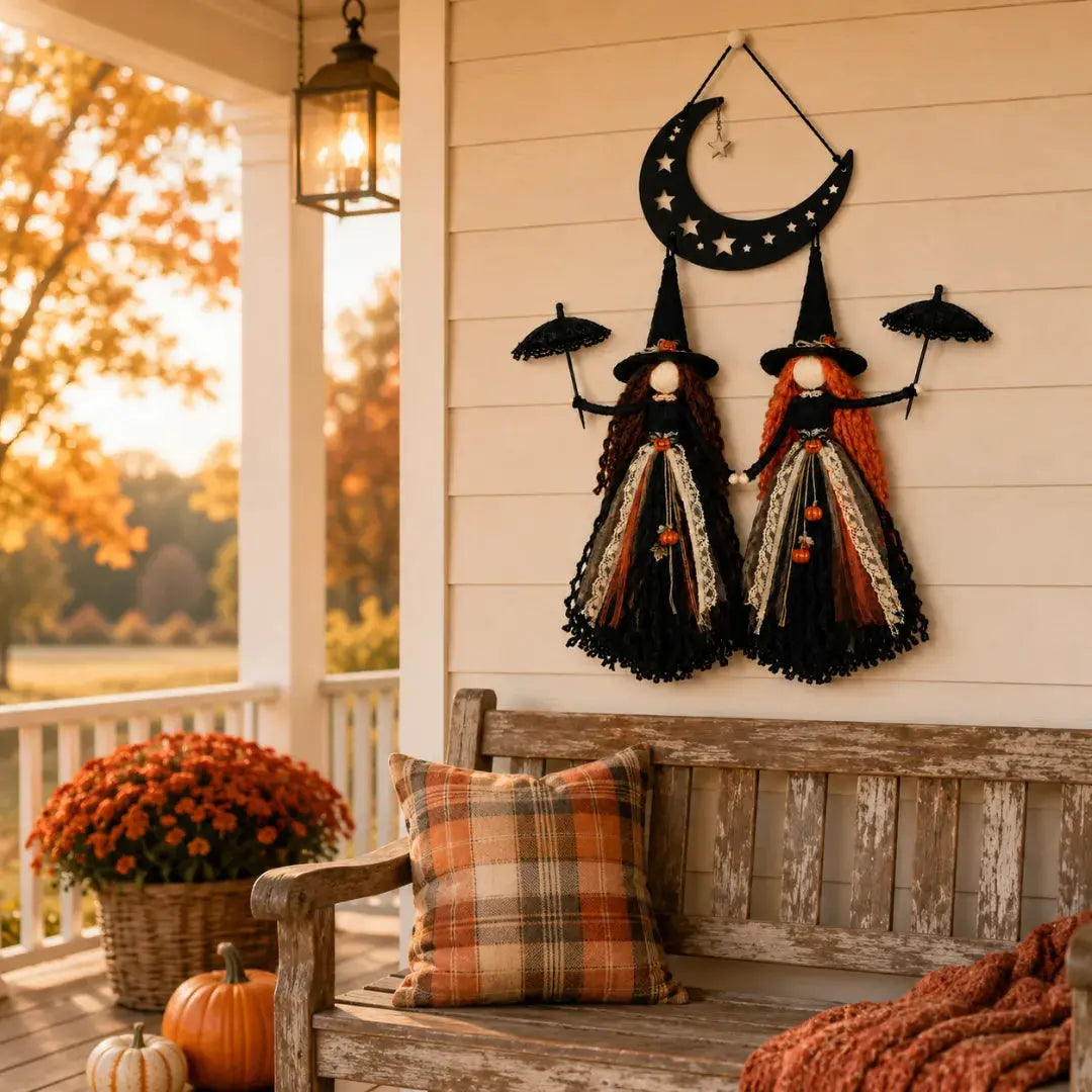 Moonlit Witch Sisters displayed on an autumn porch