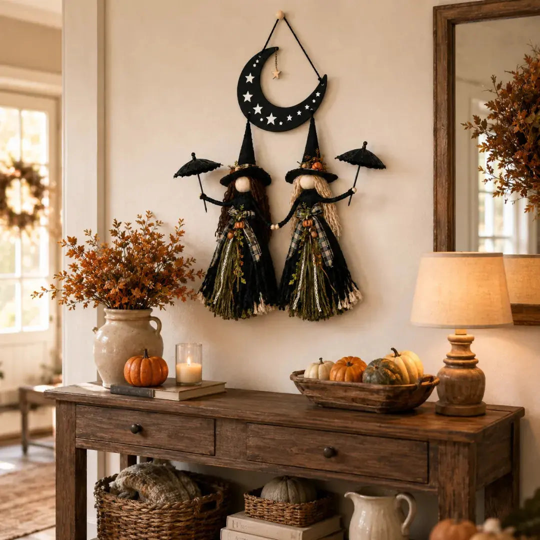 Moonlit Witch Sisters wall hanging above an autumn console table