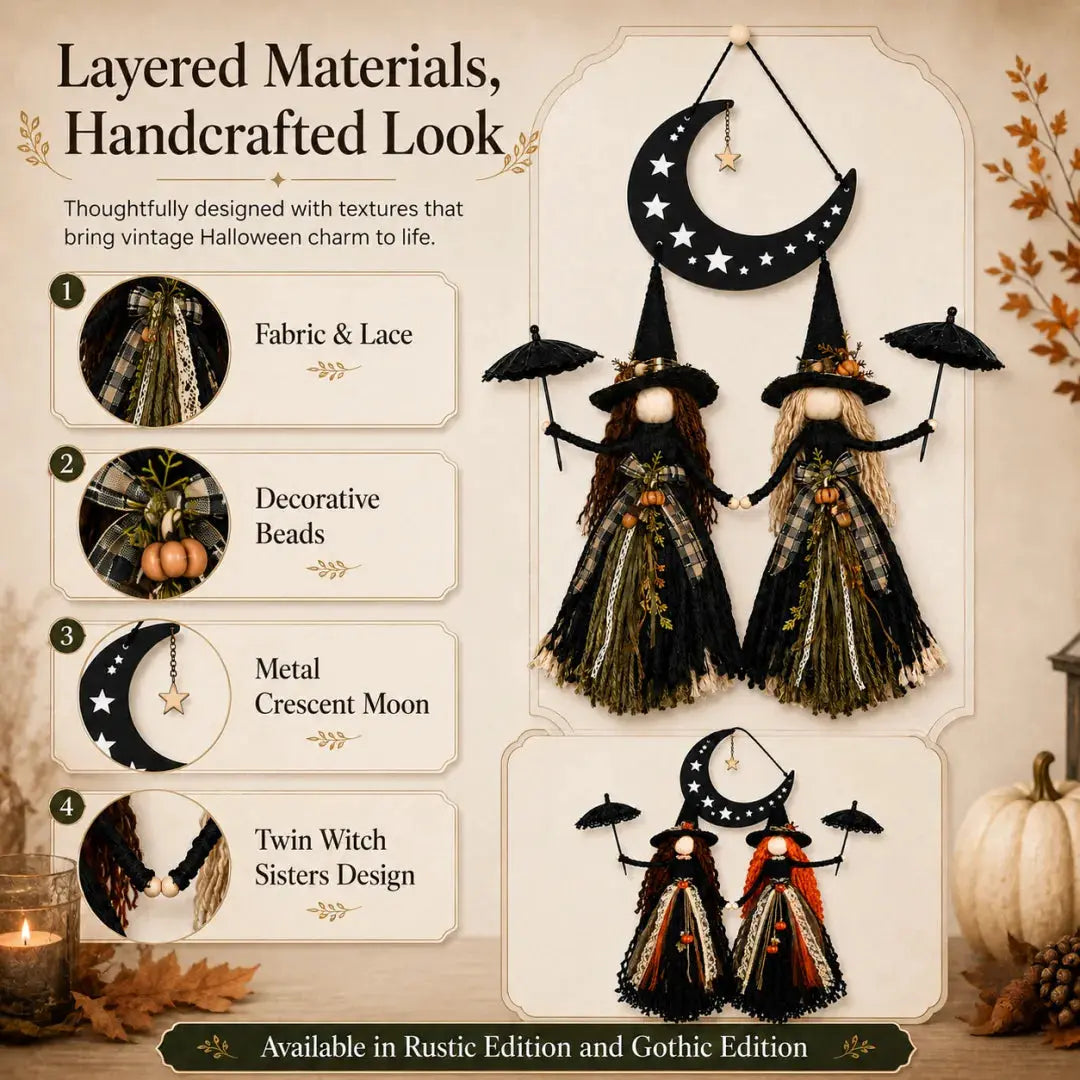 Fabric lace bead and metal details of the witch sisters decoration