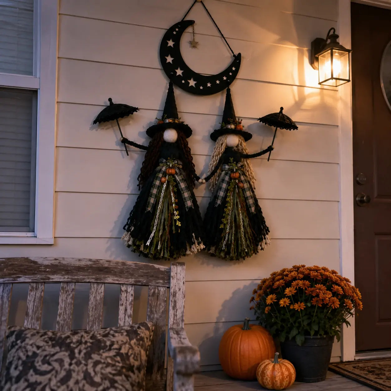 Moonlit Witch Sisters displayed on a customer's porch at dusk