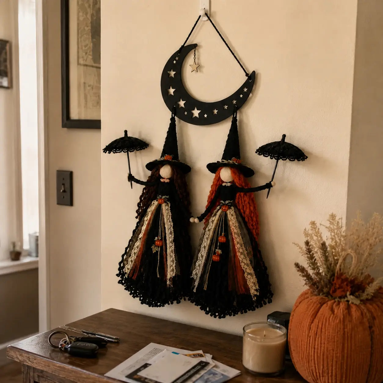 Moonlit Witch Sisters hanging in a customer's autumn entryway