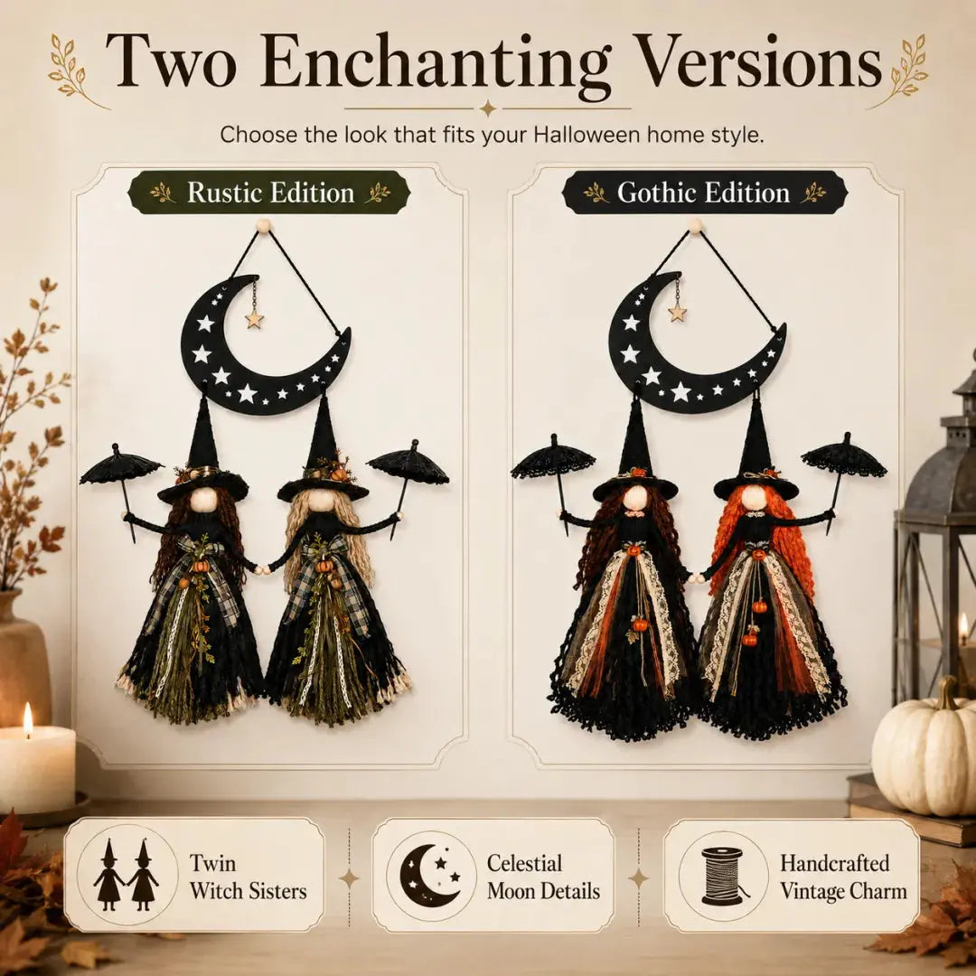 Rustic and Gothic versions of the Moonlit Witch Sisters wall hanging