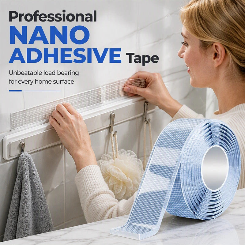 Clear nano mounting tape being installed on smooth bathroom tile